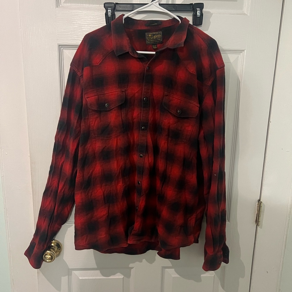 Lucky brand red and black plaid pearl snap western shirt